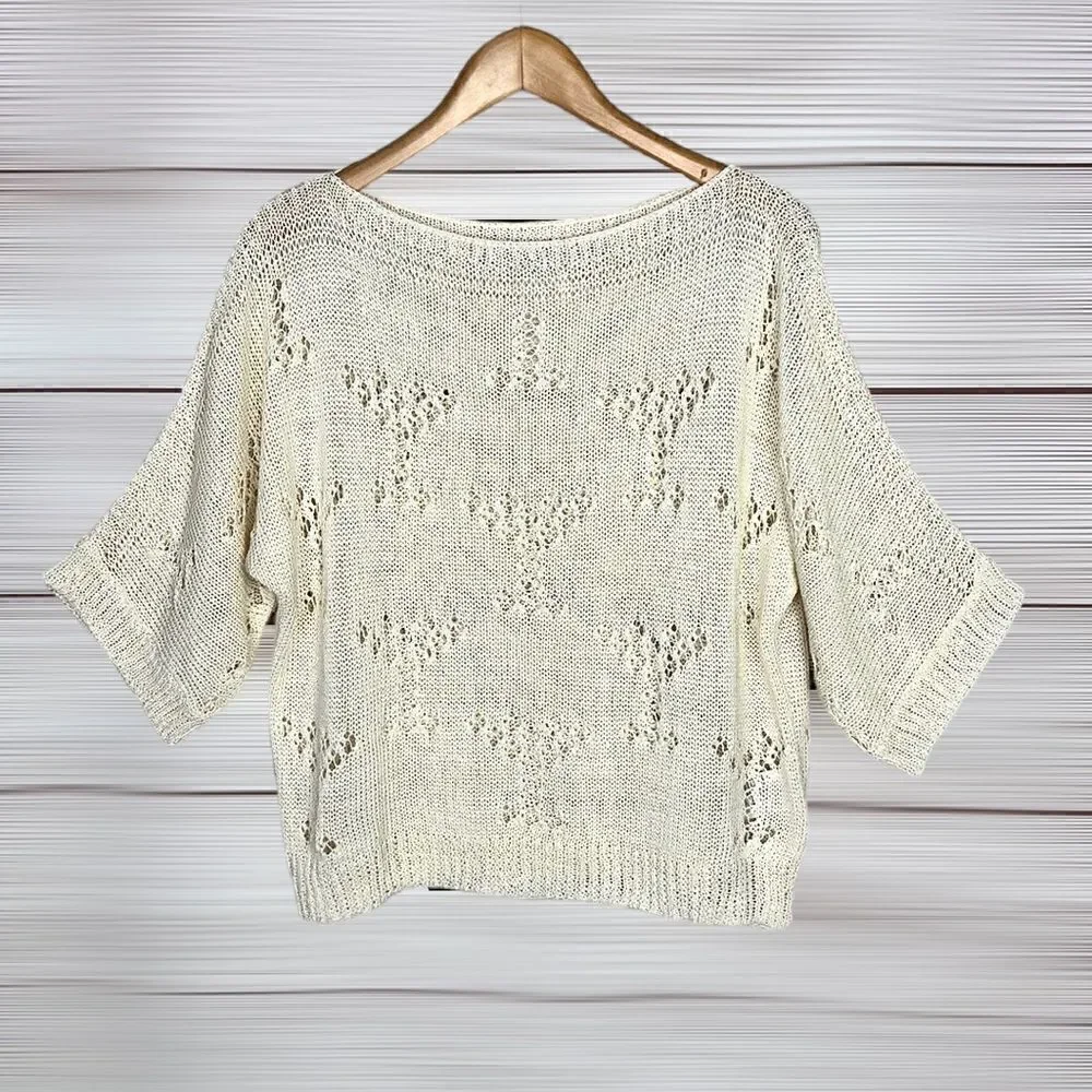 MOODS of NORWAY Cream Knit Top Seeater Boat Neck Batwing Sleeves Linen Blend M